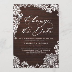Invitation Changer la Date Dentelle Rustique Bois Report