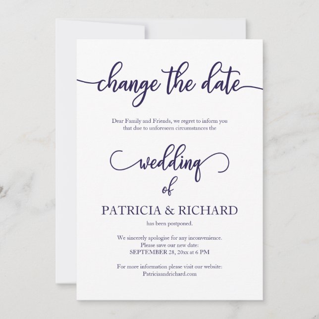 Invitation Changer la date du mariage reporté Navy Blue Scrip (Devant)