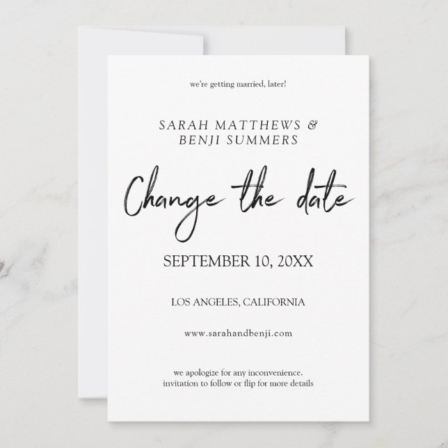 Invitation Changer la date - écriture blanche et noire - Blan (Devant)