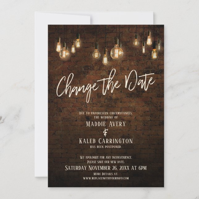 Invitation Changer la date Edison Lights reportent le mariage (Devant)