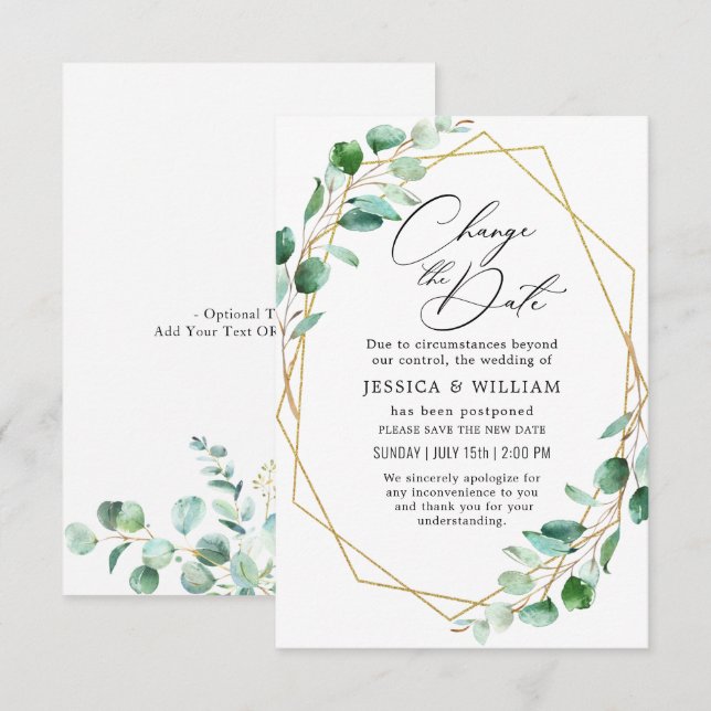 Invitation Changer la date élégante Eucalyptus reportée (Devant / Derrière)