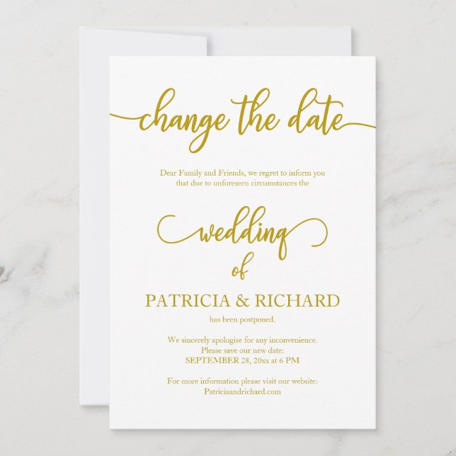 Invitation Changer la date Mariage reporté Élégant or (Devant)
