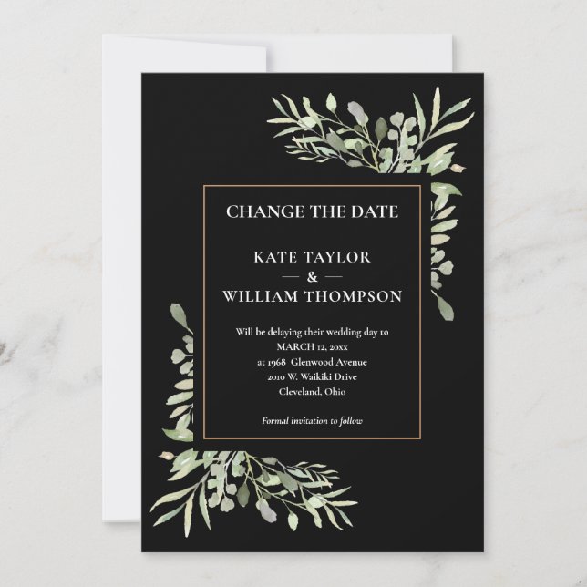 Invitation Changer la date moderne feuilles de verdure or noi (Devant)