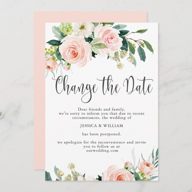 Invitation Changer la Date Roses Écarlates Mariage Reporté (Devant / Derrière)