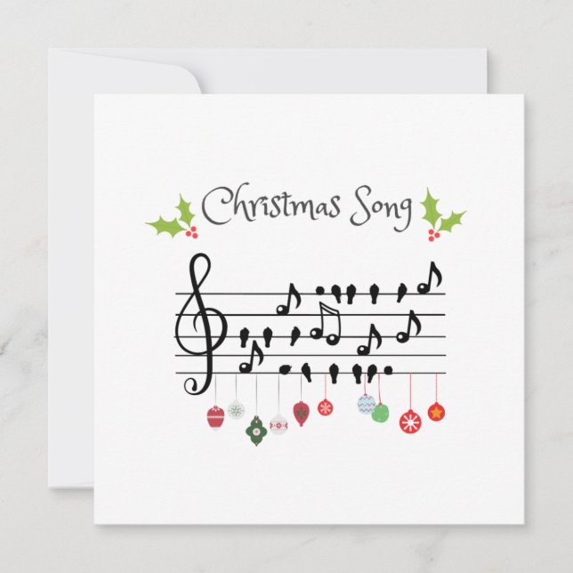 Invitation Chanson de Noël Notes de musique Oiseaux et houx (Devant)