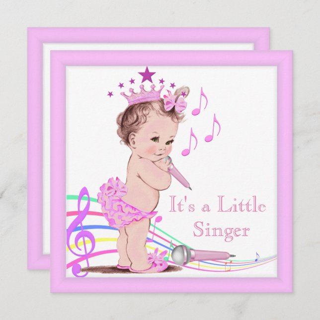 Invitation Chanter Baby shower mignonne fille rose musique (Devant / Derrière)
