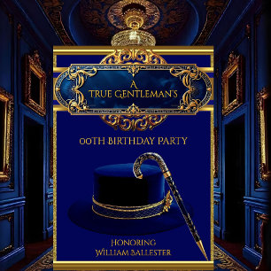 Invitation Chapeau Art Déco pour homme Canne Or Navy Annivers