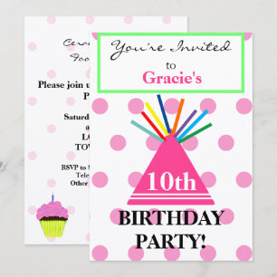 Invitation Chapeau d'anniversaire fille Gâteau rose cupcake