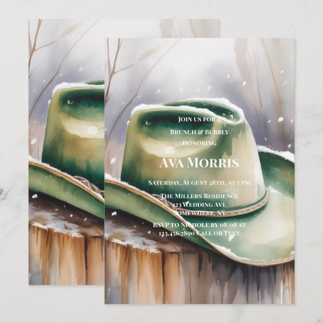Invitation Chapeau de cow-boy vert dans la neige Brunch & Bub (Devant / Derrière)
