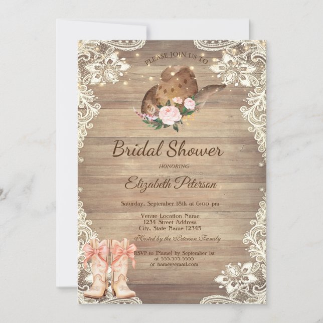 Invitation Chapeau de cowboy rustique en dentelle Bottes Arc  (Devant)