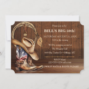 Invitation Chapeau de cowboy rustique masculin Bottes Bois We
