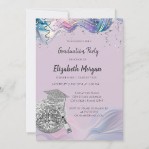 Invitation Chapeau de diplômé chic, boule à facettes, abstrai