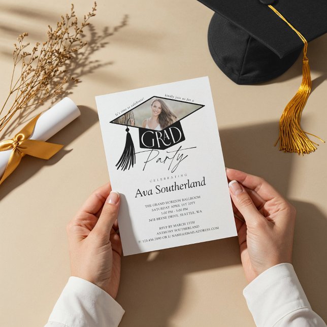 Invitation Chapeau de diplômé élégant avec glands Photo Fête  (Elegant Grad Cap & Tassel Photo Graduation Party Invitation)