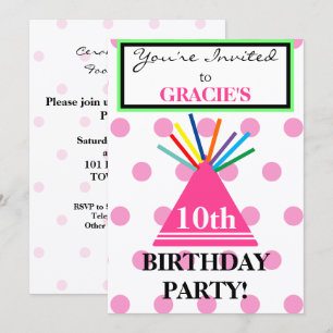 Invitation Chapeau de fête d'anniversaire fille rose pois TOU