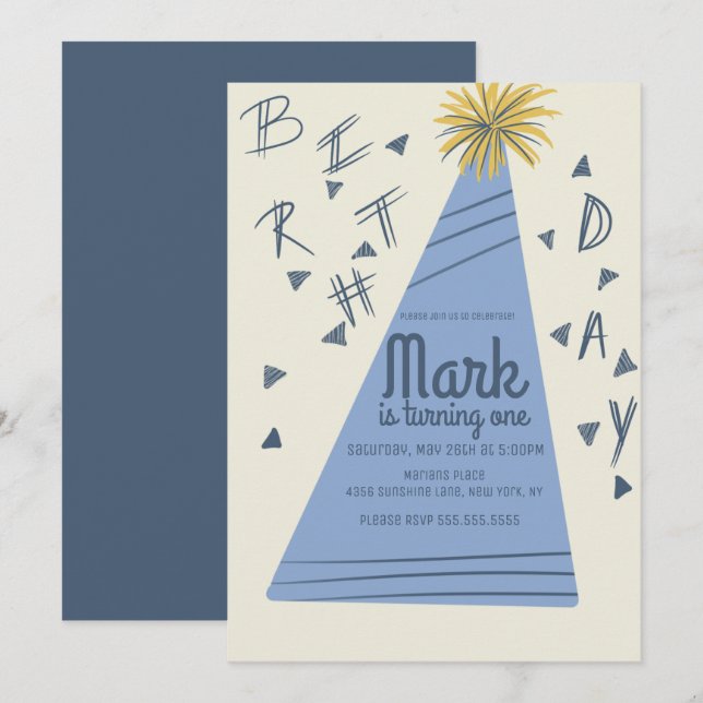 Invitation Chapeau de fête d'anniversaire garçon lettrage inv (Devant / Derrière)
