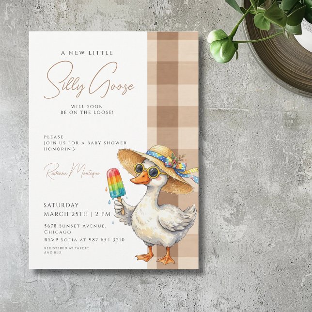 Invitation Chapeau de gingham marron Silly Goose Baby Shower  (Créateur téléchargé)