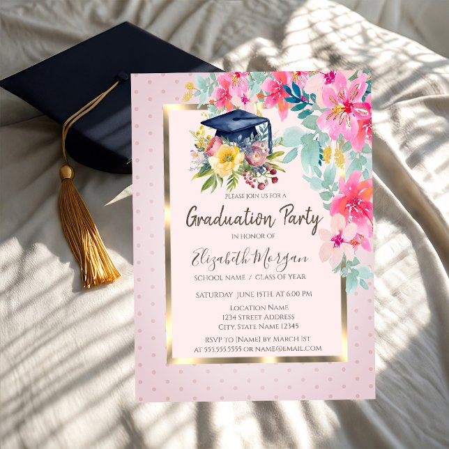 Invitation Chapeau de graduation floral aquarelle points dipl (Créateur téléchargé)