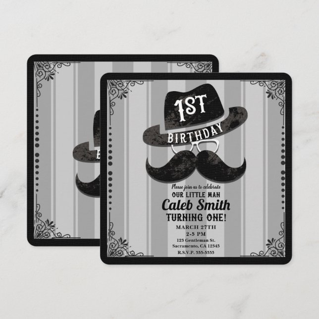 Invitation Chapeau de lunettes de moustache de hipster 1er an (Devant / Derrière)