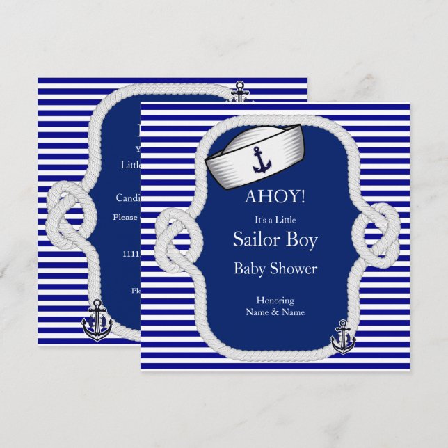 Invitation Chapeau de Marin Baby Shower Garçon Rayure Bleue (Devant / Derrière)