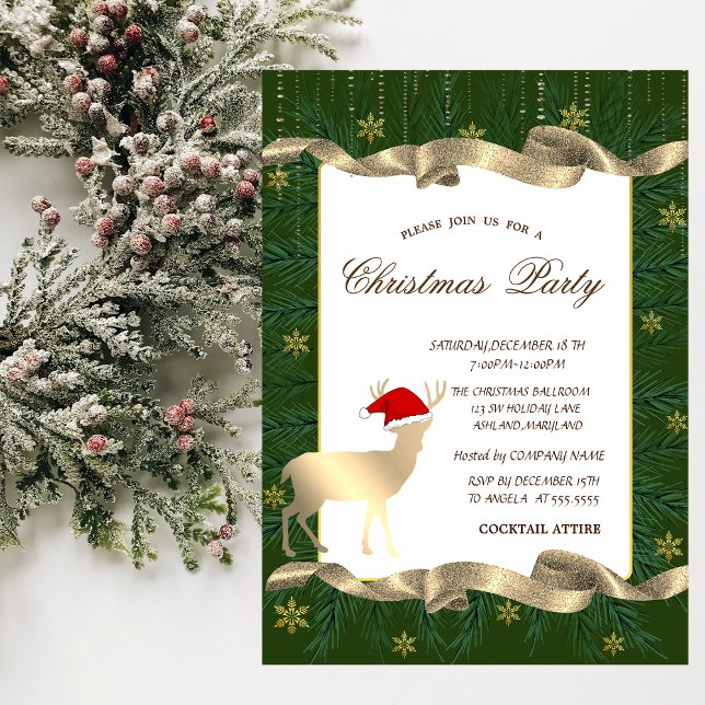 Invitation Chapeau de Père Noël Cerf Doré, Branches Vertes Fê (Créateur téléchargé)