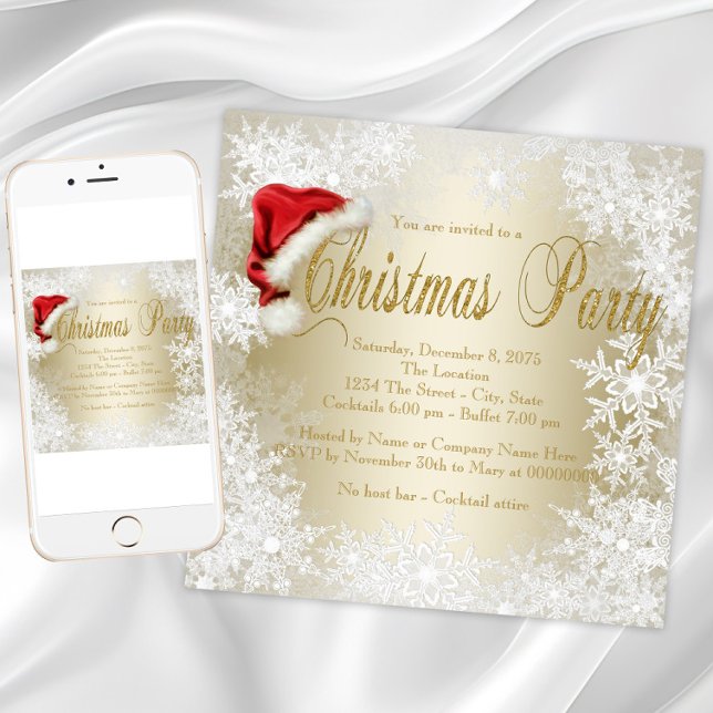Invitation Chapeau de Père Noël Flocon de Neige Fête de Noël (Gold snowflake Santa hat Christmas party invitation. Available for instant download and printed.)