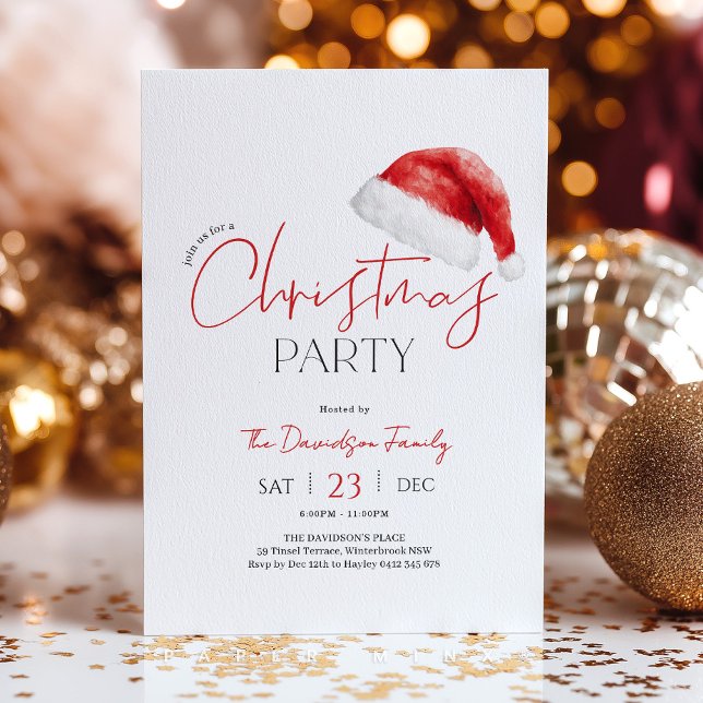 Invitation Chapeau de Père Noël pour fête de Noël (Christmas Party with cute Santa Hat and red and black fonts)