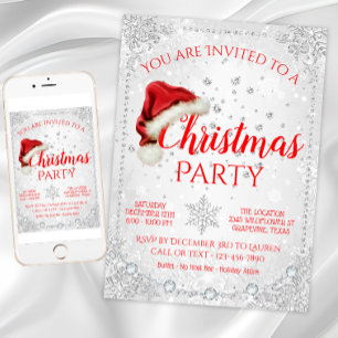 Invitation Chapeau de Père Noël rouge et blanc Flocon de neig