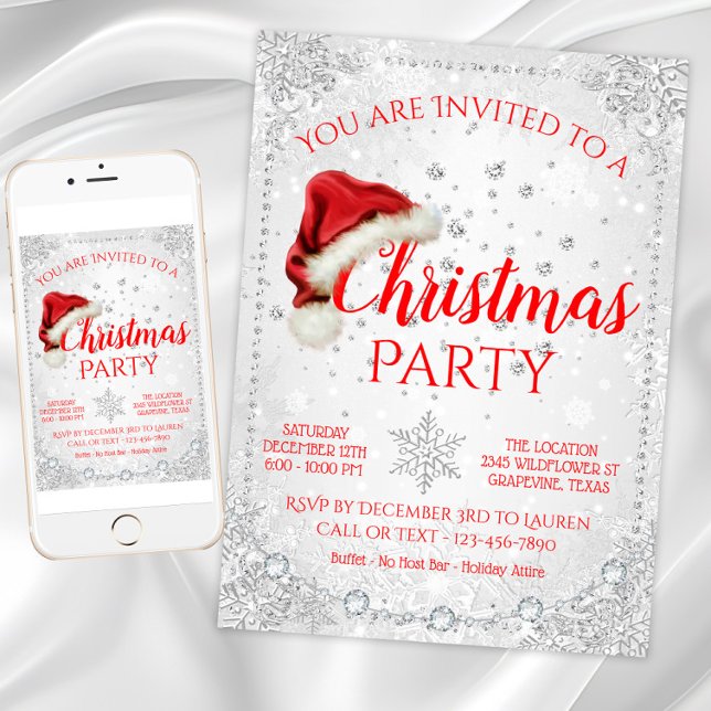 Invitation Chapeau de Père Noël rouge et blanc Flocon de neig (Snowflake Christmas party invitation with Santa hat. Digital download and printed invitations.)