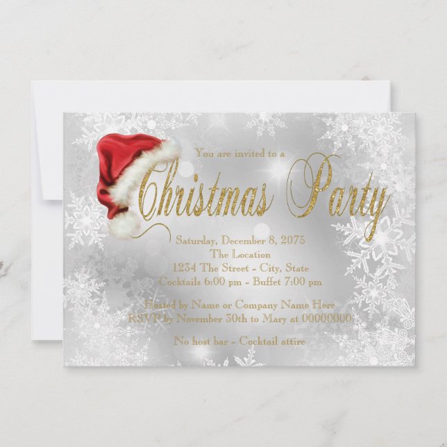 Invitation Chapeau de Père Noël Rouge et Flocon de Neige Doré (Devant)