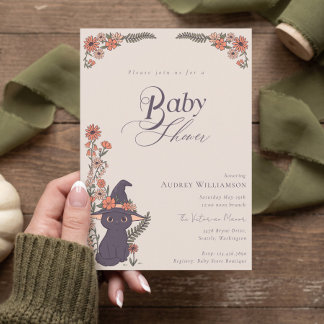 Invitation Chapeau de sorcière de chat noir floral Baby Showe