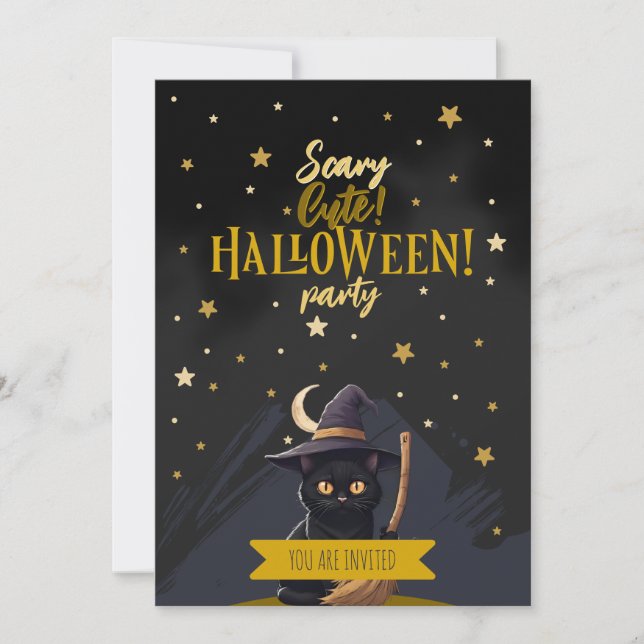 Invitation Chapeau de sorcière de chat noir mignon effrayant  (Devant)