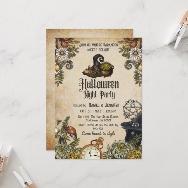 Invitation Chapeau de sorcière épouvantable vintage Halloween (Devant/Arrière en situation)
