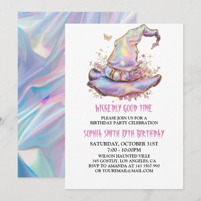 Invitation Chapeau de Sorcière Iridescent Anniversaire Mécham (Devant / Derrière)
