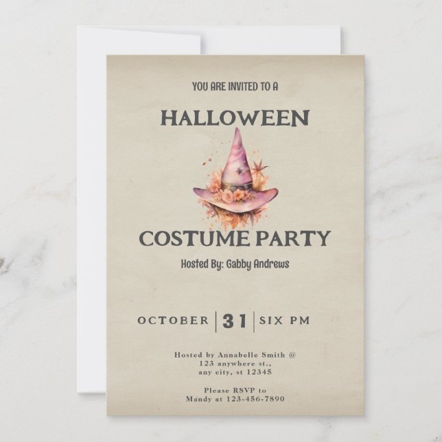 Invitation Chapeau de Sorcière Rose avec Fleurs Halloween Vin (Devant)