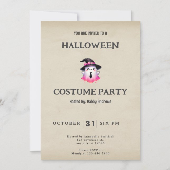 Invitation Chapeau de sorcières fantôme rose blanc Halloween  (Devant)