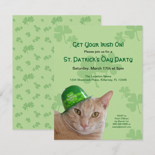 Invitation Chapeau de trèfle de chat mignon Jour de la Saint- (Devant / Derrière)