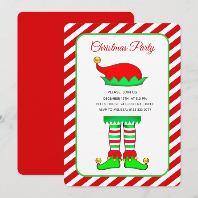Invitation Chapeau d'elfe de Noël sur Noël rouge et blanc (Devant / Derrière)