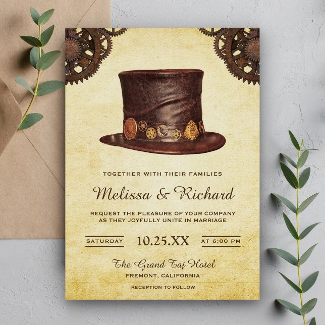 Invitation Chapeau en cuir rustique vintage Steampunk Mariage (Créateur téléchargé)
