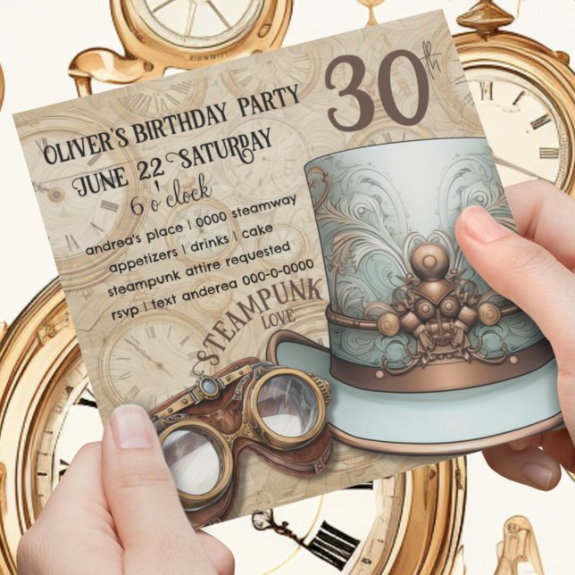 Invitation Chapeau et lunettes de dessus en vapeur | Aqua et  (Copper and aqua themed steampunk birthday party invitation with top hat and goggles. )