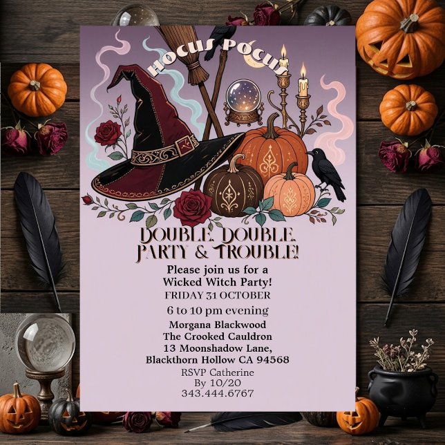 Invitation Chapeau Funky Hocus Pocus Fête de Sorcière Méchant (Funky Hat Hocus Pocus Wicked Witch Party Purple Invitation)
