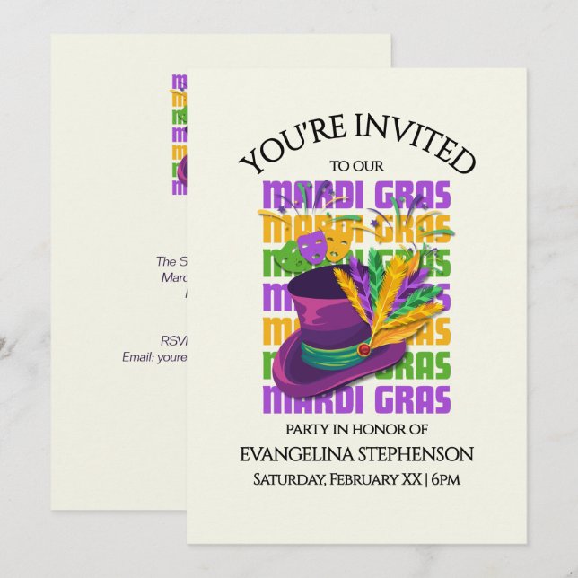 Invitation Chapeau Haut-de-Forme Plumes Fête de MARDI GRAS (Devant / Derrière)