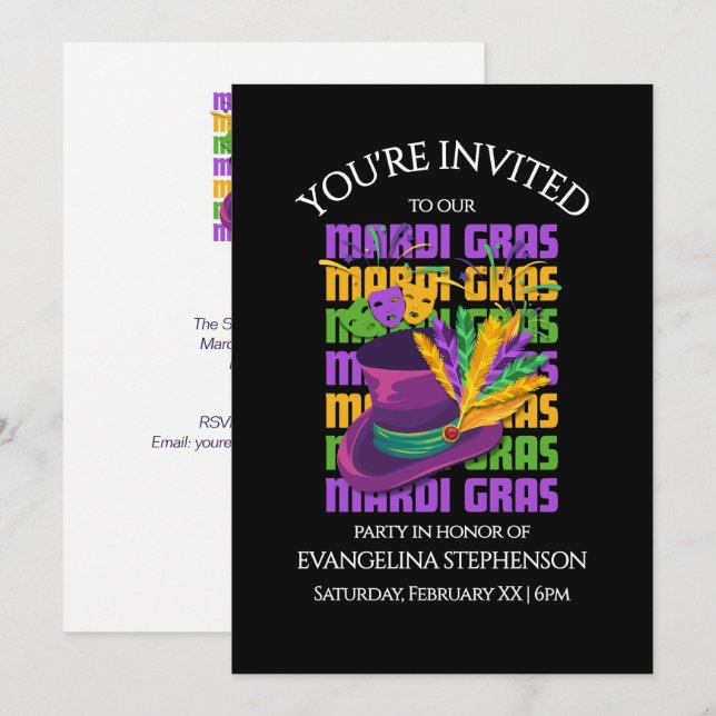 Invitation Chapeau Haut-de-Forme Plumes Fête de MARDI GRAS (Devant / Derrière)