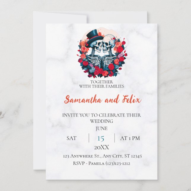 Invitation Chapeau Haut-de-Forme Squelette Fleurs Cercle Marb (Devant)