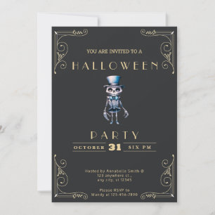 Invitation Chapeau haut de forme squelette noir et or Hallowe
