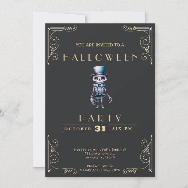 Invitation Chapeau haut de forme squelette noir et or Hallowe (Devant)