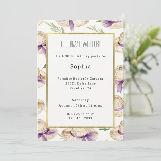 Invitation Chapeaux Crème Rubans Violets Anniversaire (Debout devant)
