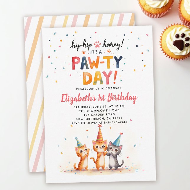 Invitation Chapeaux de Fête de Chat Chatons Enjoués 1er Anniv (cat birthday party invitation playful kittens hats colorful watercolor cute adorable kids backyard)