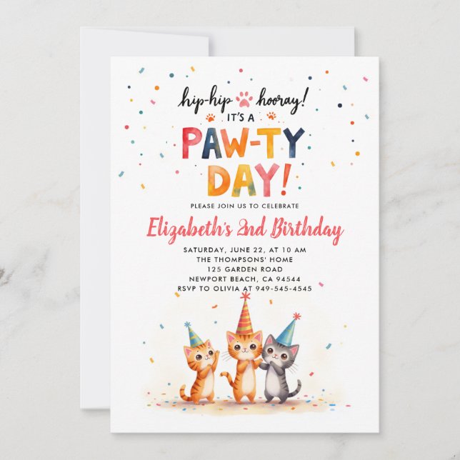 Invitation Chapeaux de Fête pour Chat Chatons Enjoués Anniver (Devant)