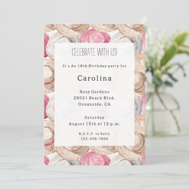 Invitation Chapeaux de paille blancs crème rose Anniversaire (Debout devant)