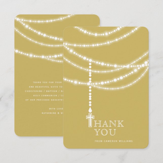 Invitation Chapelet à paillettes élégant et croix religieuse (Devant / Derrière)